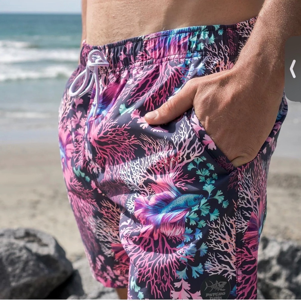 Psycho Tuna Mens Betta Fish Coral Print Swim Trunks Navy Pink Blue Size Small